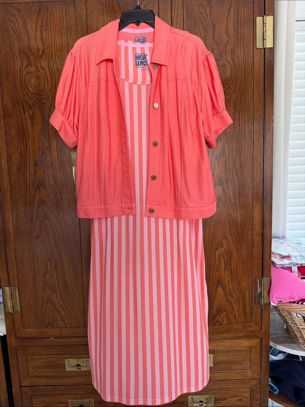 Muk Luks Coral and Pale Pink Striped Dress with Matching Coral Cardigan